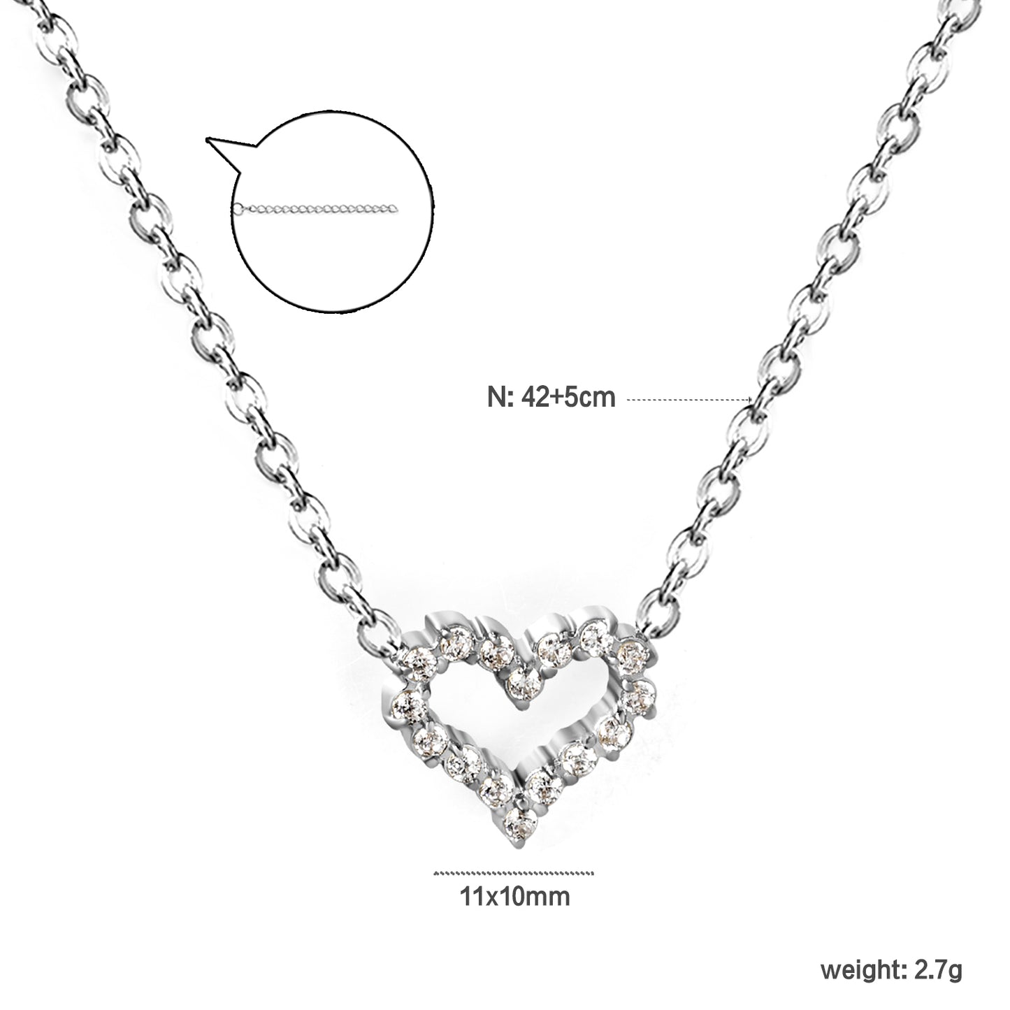 42+5cm Stainless Steel 18k Gold Plated Necklaces 11*10mm Heart Jewelry in Steel for Girls