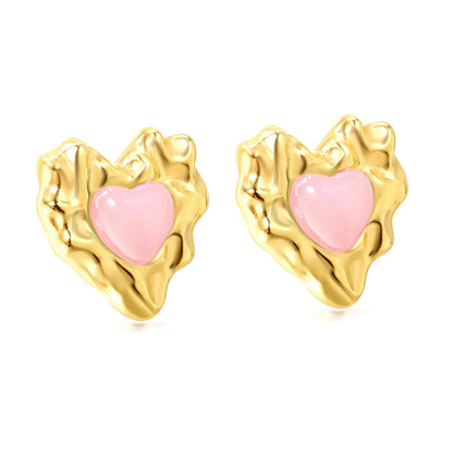 Pink & Green & Navy Blue Diamonds Convex Heart Stud Earrings 15*15.6mm Gold Color
