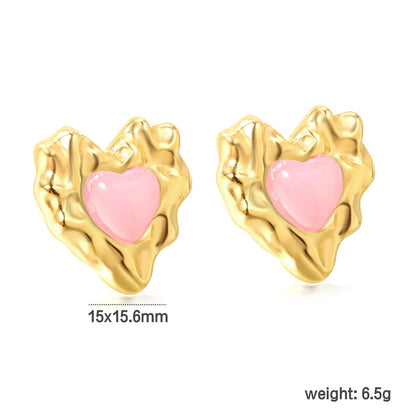 Pink & Green & Navy Blue Diamonds Convex Heart Stud Earrings 15*15.6mm Gold Color