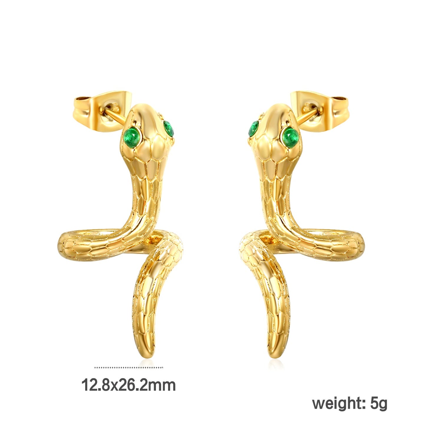 12.8*26.2mm Snake shape with 2 green diamonds Earring Gold color