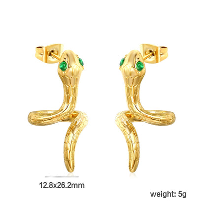12.8*26.2mm Snake shape with 2 green diamonds Earring Gold color