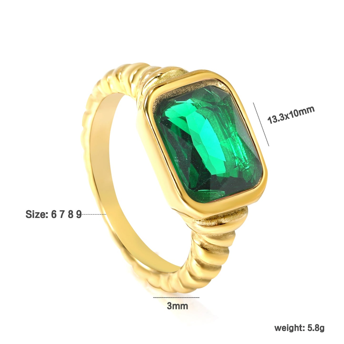 Oversized green diamonds on a threaded band ring.