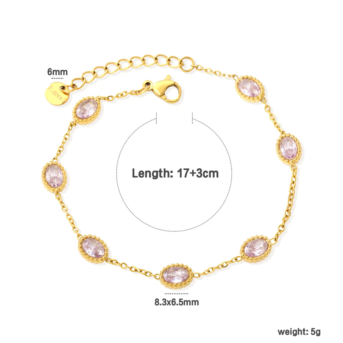 Vintage Bezel Oval Pink Zircon Station Bracelet | 8.3x6.5mm Lavender CZ | 17+3cm Adjustable Chain