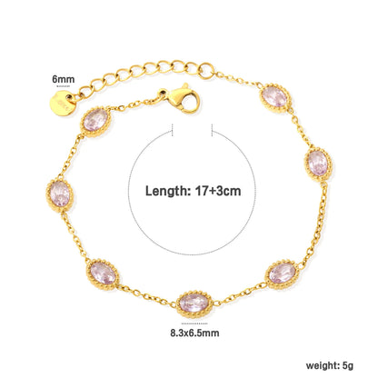 Vintage Bezel Oval Pink Zircon Station Bracelet | 8.3x6.5mm Lavender CZ | 17+3cm Adjustable Chain