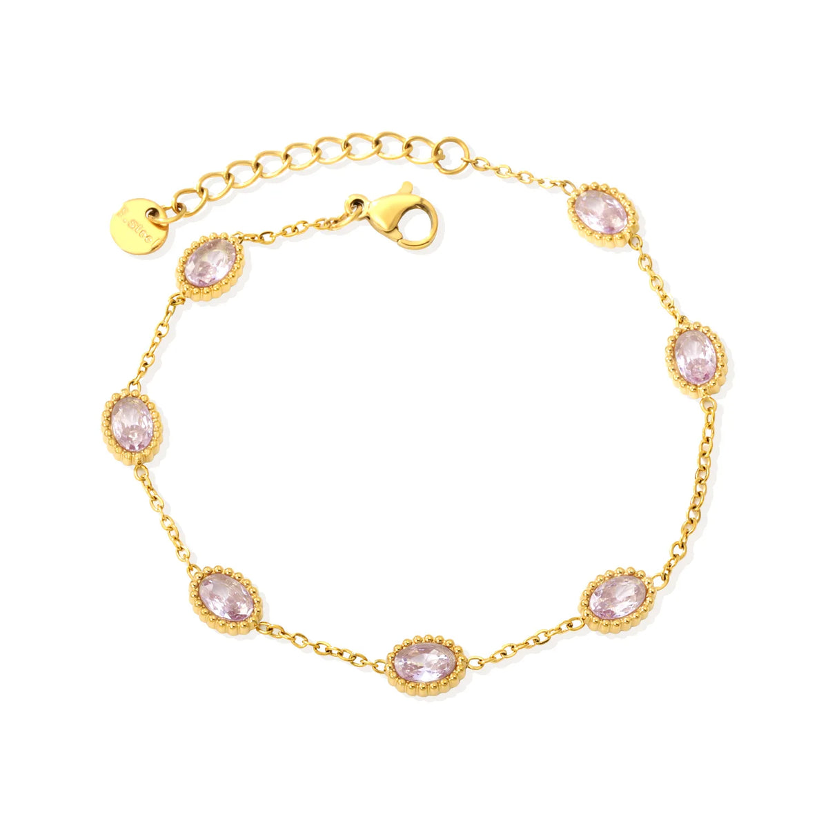 Vintage Bezel Oval Pink Zircon Station Bracelet | 8.3x6.5mm Lavender CZ | 17+3cm Adjustable Chain