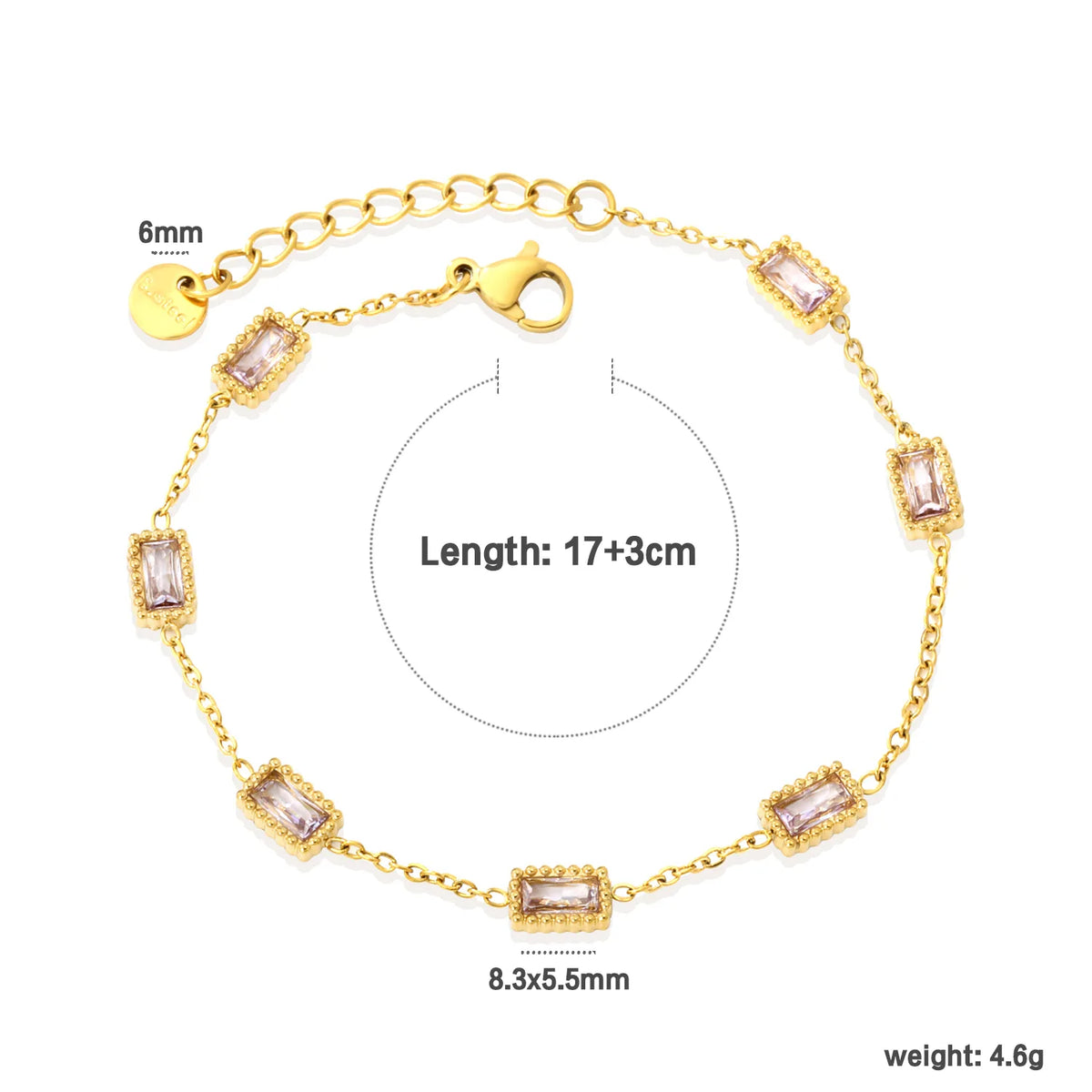Milgrain Baguette Pink Zircon Station Bracelet | 8.3x5.5mm Rectangle CZ | 17+3cm Adjustable Chain