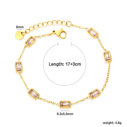 Milgrain Baguette Pink Zircon Station Bracelet | 8.3x5.5mm Rectangle CZ | 17+3cm Adjustable Chain