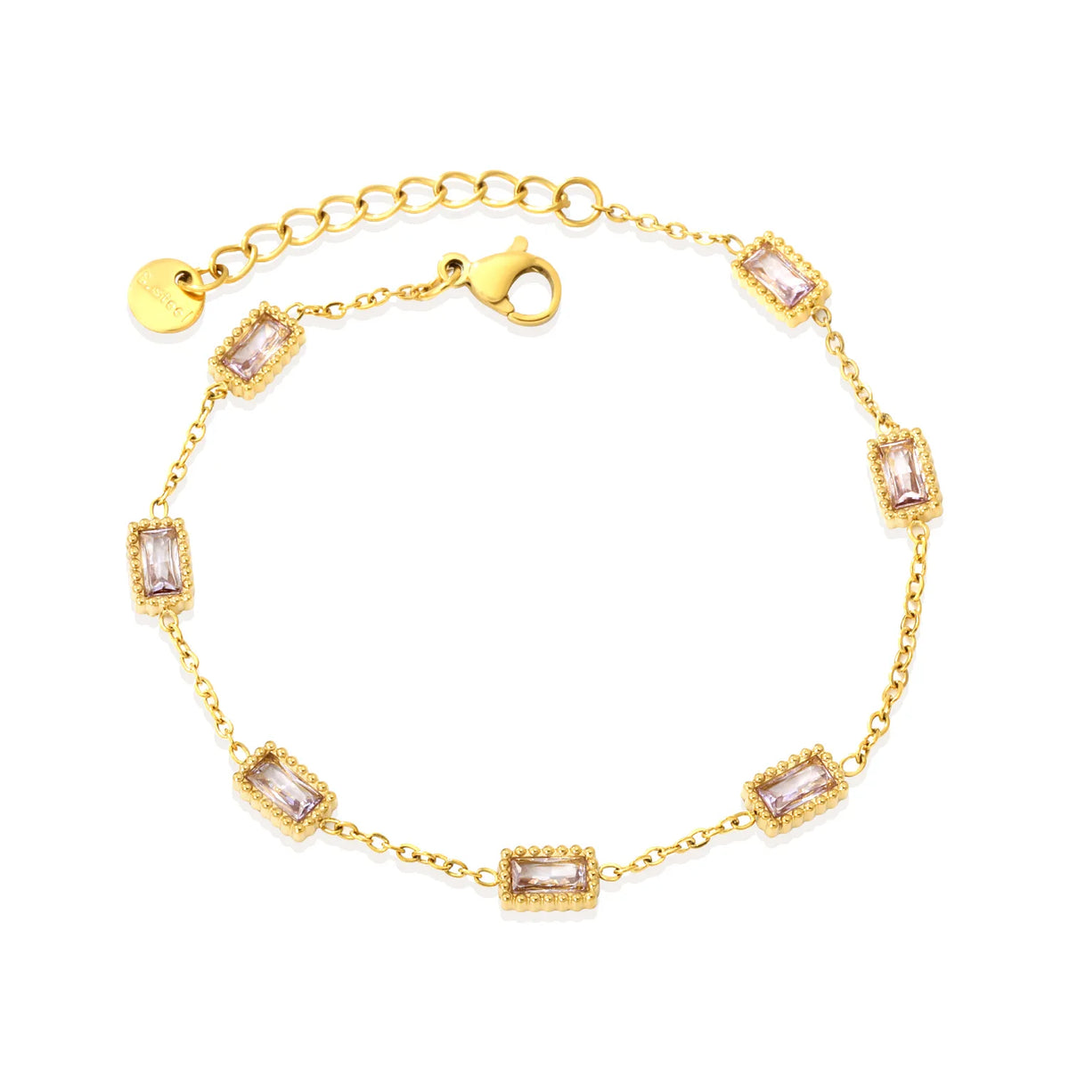 Milgrain Baguette Pink Zircon Station Bracelet | 8.3x5.5mm Rectangle CZ | 17+3cm Adjustable Chain