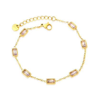 Milgrain Baguette Pink Zircon Station Bracelet | 8.3x5.5mm Rectangle CZ | 17+3cm Adjustable Chain