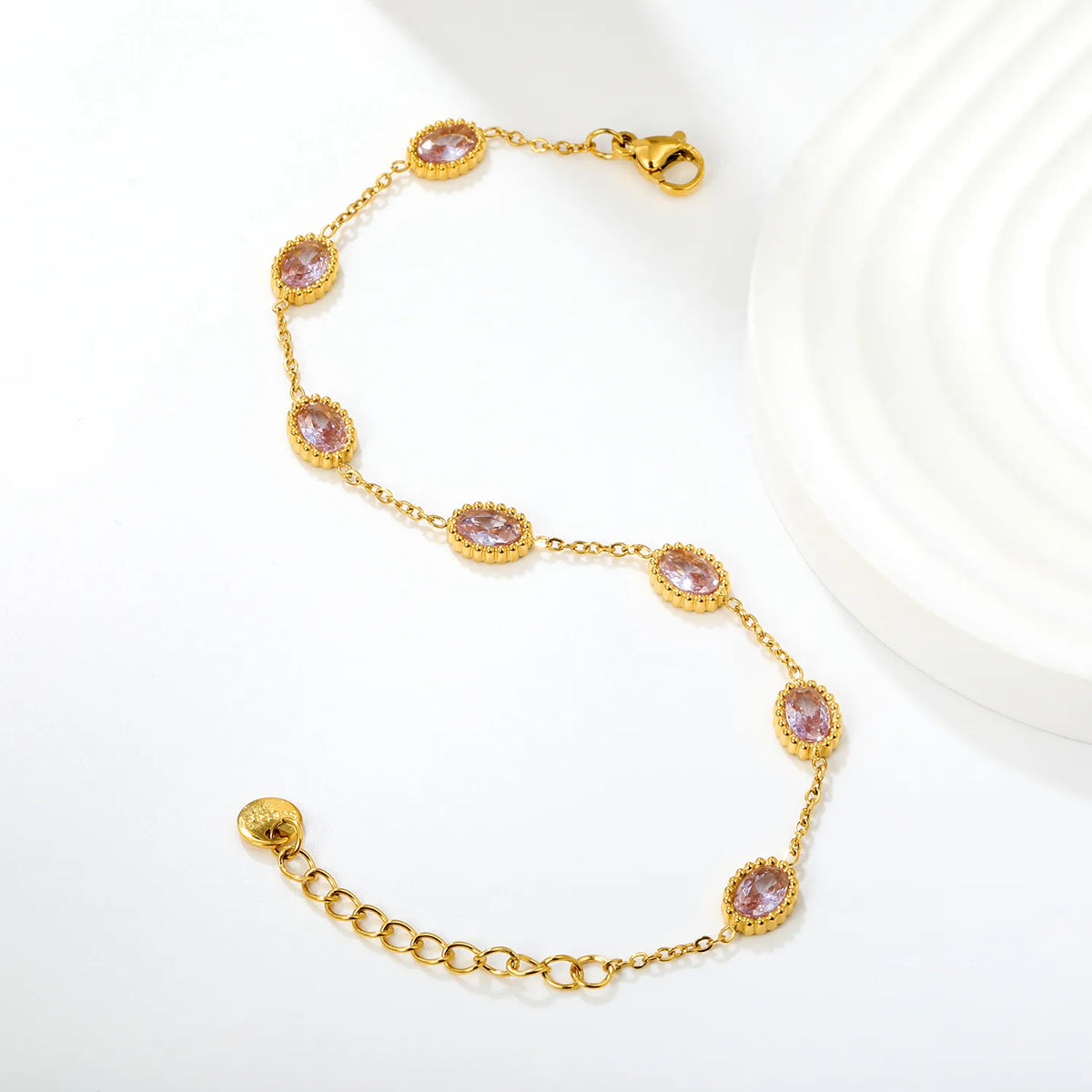 Vintage Bezel Oval Pink Zircon Station Bracelet | 8.3x6.5mm Lavender CZ | 17+3cm Adjustable Chain