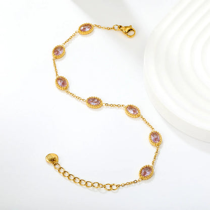 Vintage Bezel Oval Pink Zircon Station Bracelet | 8.3x6.5mm Lavender CZ | 17+3cm Adjustable Chain