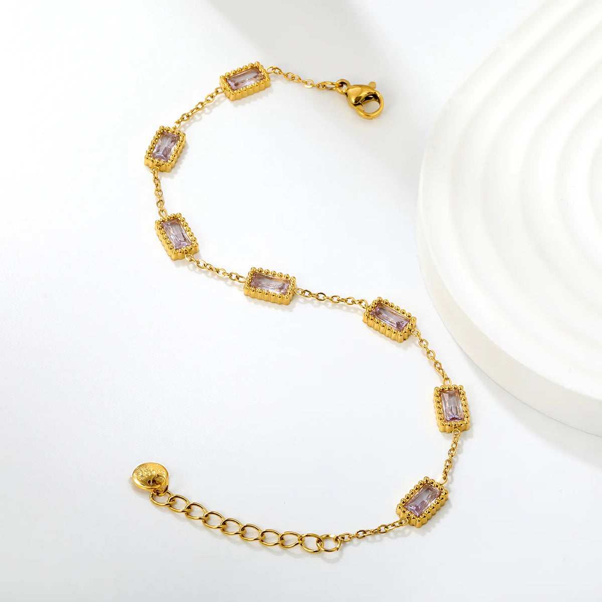 Milgrain Baguette Pink Zircon Station Bracelet | 8.3x5.5mm Rectangle CZ | 17+3cm Adjustable Chain