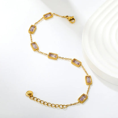 Milgrain Baguette Pink Zircon Station Bracelet | 8.3x5.5mm Rectangle CZ | 17+3cm Adjustable Chain