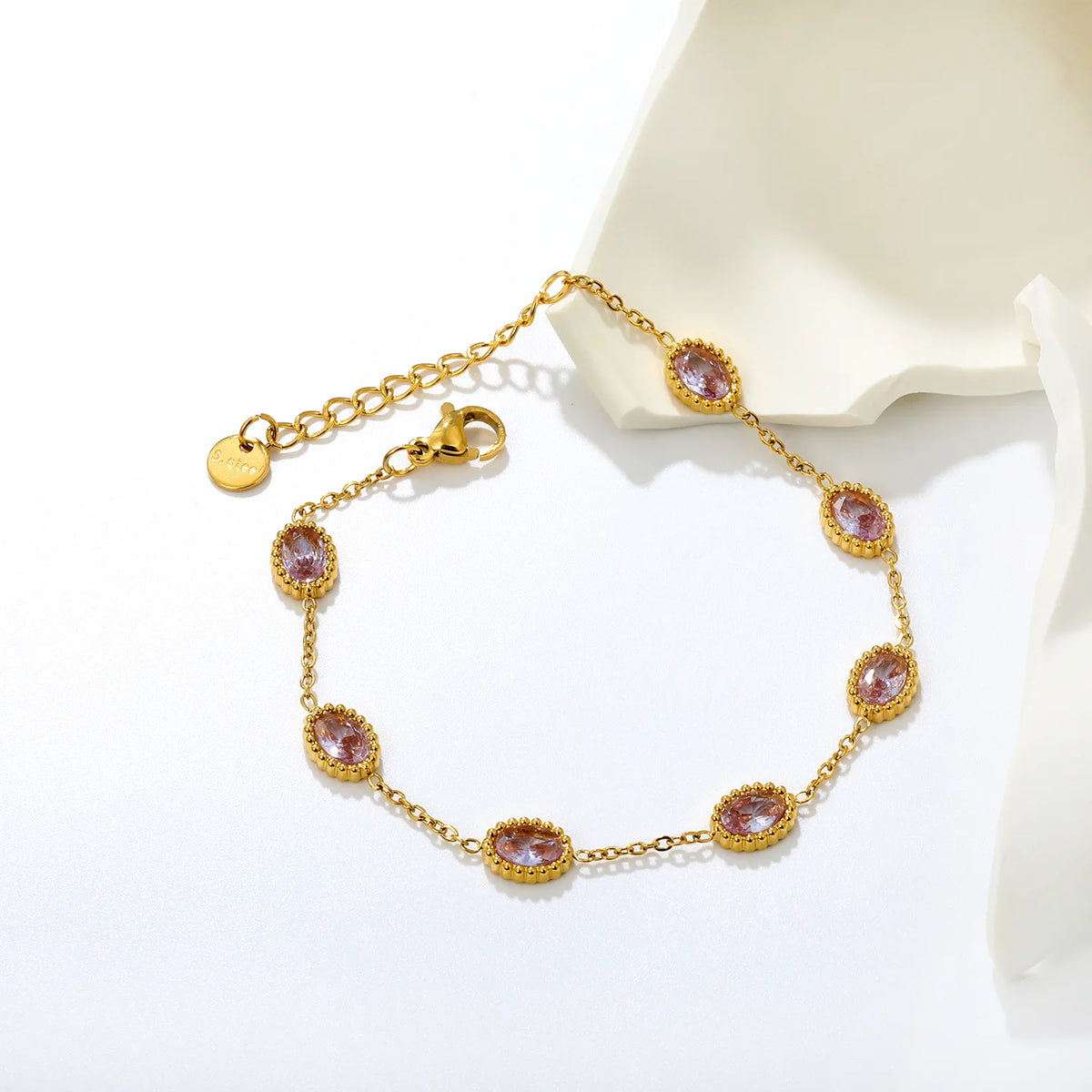 Vintage Bezel Oval Pink Zircon Station Bracelet | 8.3x6.5mm Lavender CZ | 17+3cm Adjustable Chain