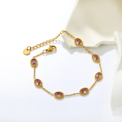 Vintage Bezel Oval Pink Zircon Station Bracelet | 8.3x6.5mm Lavender CZ | 17+3cm Adjustable Chain