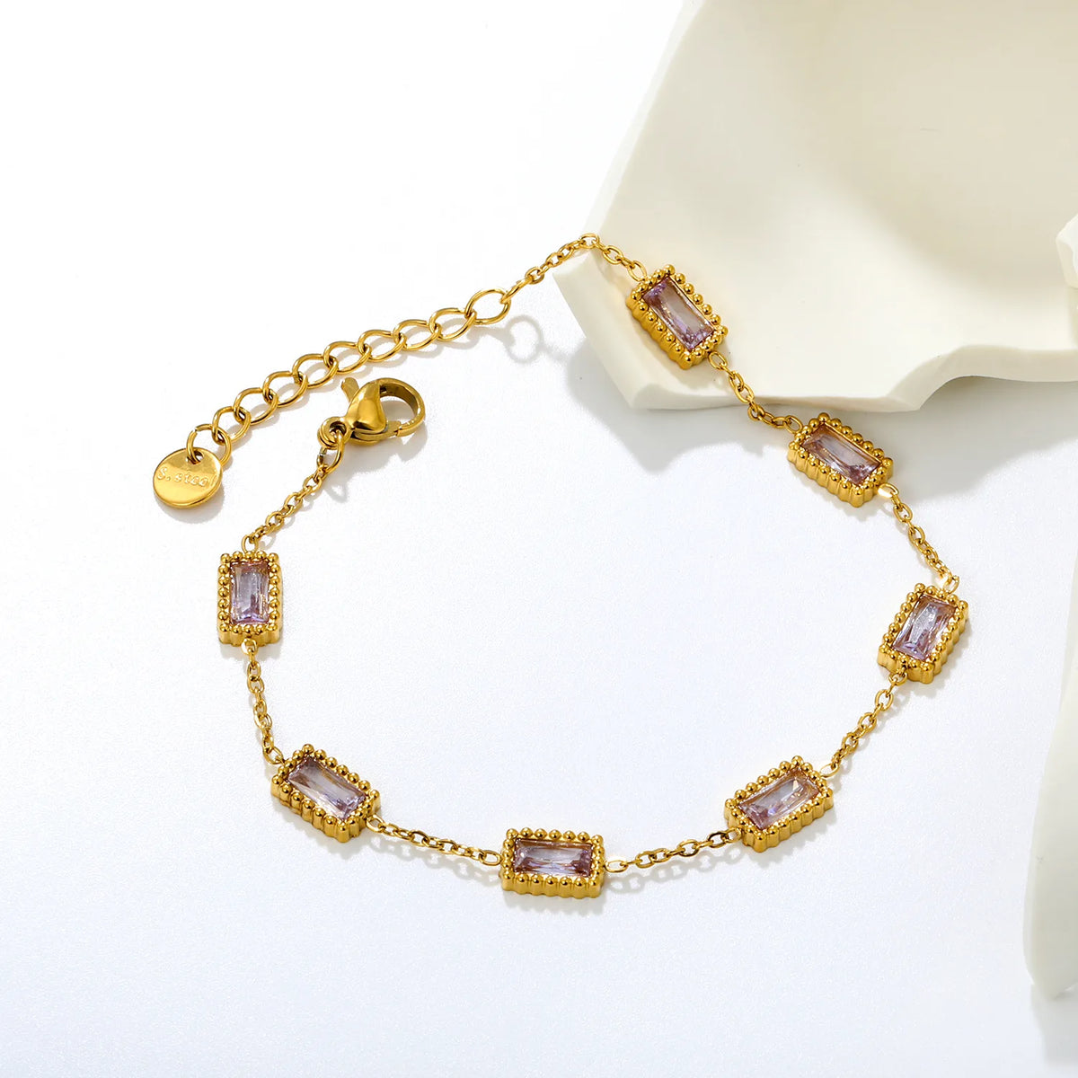 Milgrain Baguette Pink Zircon Station Bracelet | 8.3x5.5mm Rectangle CZ | 17+3cm Adjustable Chain