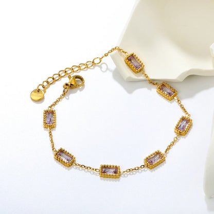 Milgrain Baguette Pink Zircon Station Bracelet | 8.3x5.5mm Rectangle CZ | 17+3cm Adjustable Chain
