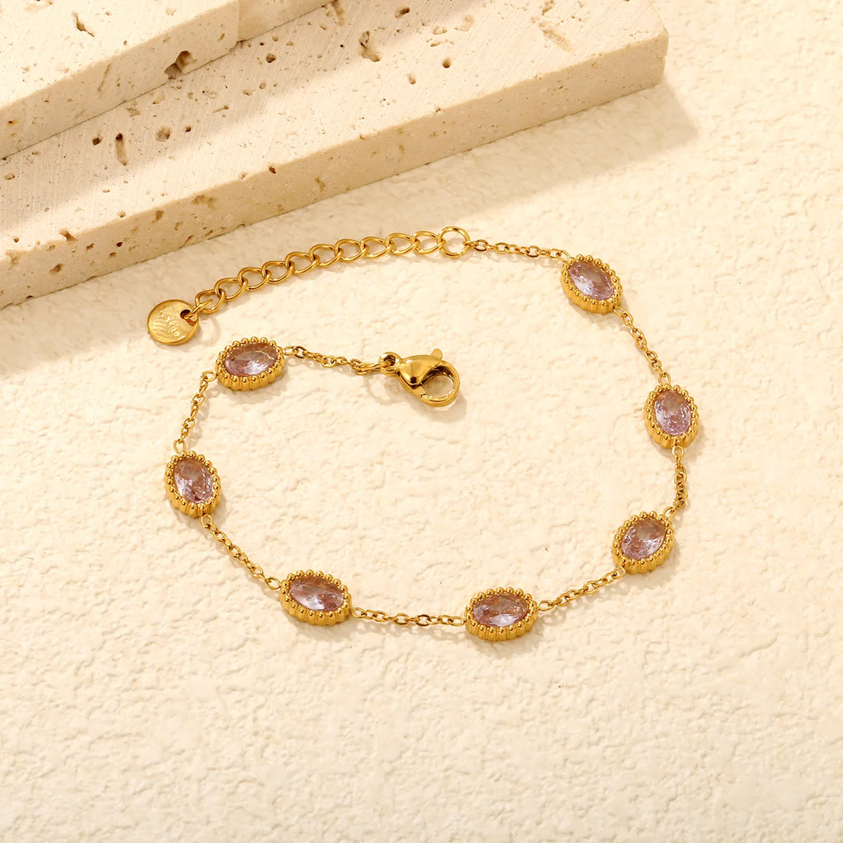 Vintage Bezel Oval Pink Zircon Station Bracelet | 8.3x6.5mm Lavender CZ | 17+3cm Adjustable Chain