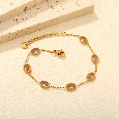 Vintage Bezel Oval Pink Zircon Station Bracelet | 8.3x6.5mm Lavender CZ | 17+3cm Adjustable Chain