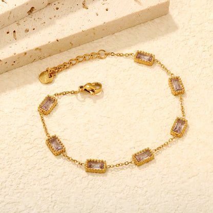 Milgrain Baguette Pink Zircon Station Bracelet | 8.3x5.5mm Rectangle CZ | 17+3cm Adjustable Chain