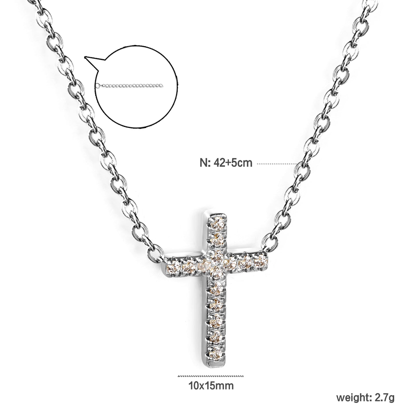 10*15mm White Gold Plated Collar 42+5cm Chain Brass Women Jewelry Set with Zircon Cross Necklace