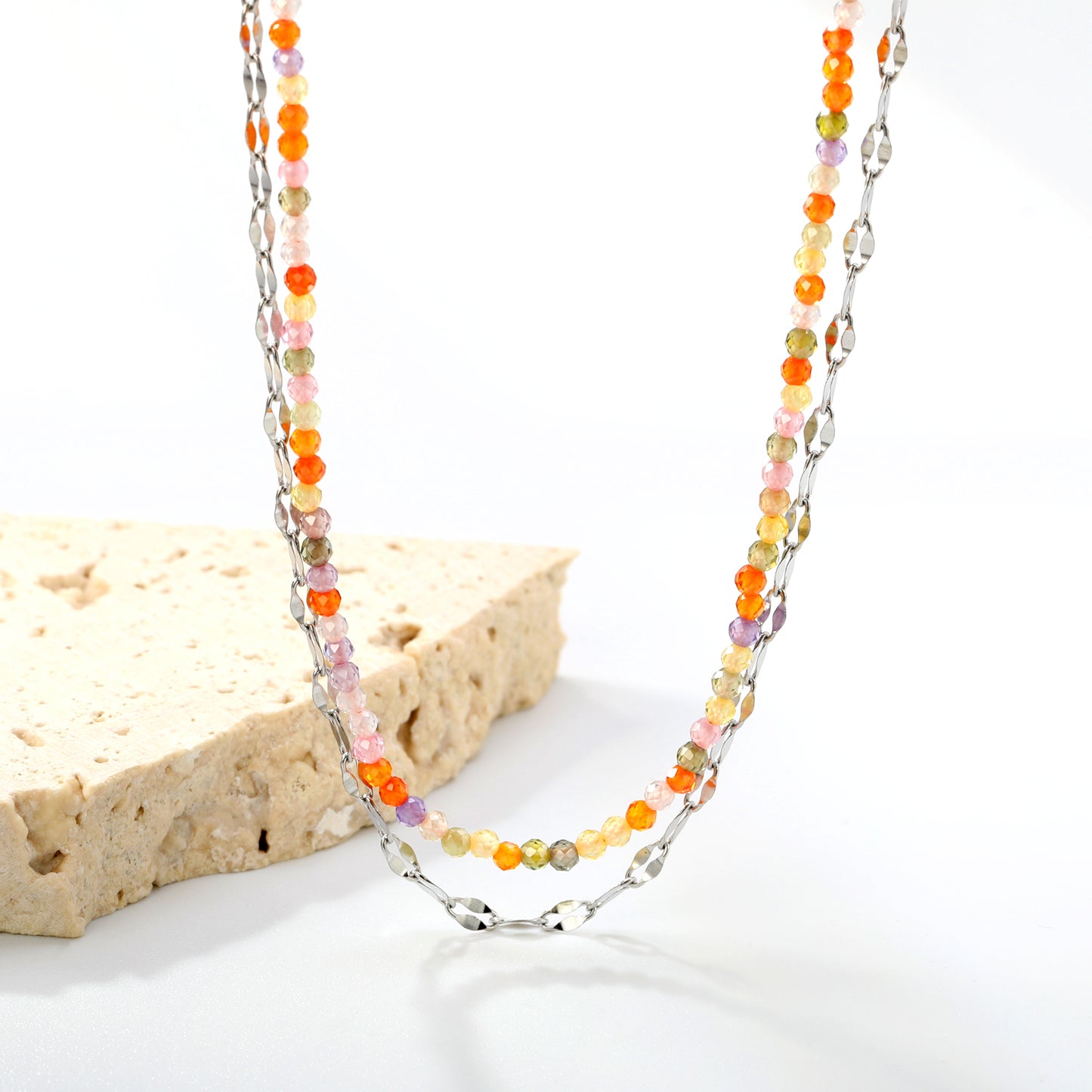 Bohemian Summer Beach Style Stainless Steel Double - Layer Chain with Beaded Necklace
