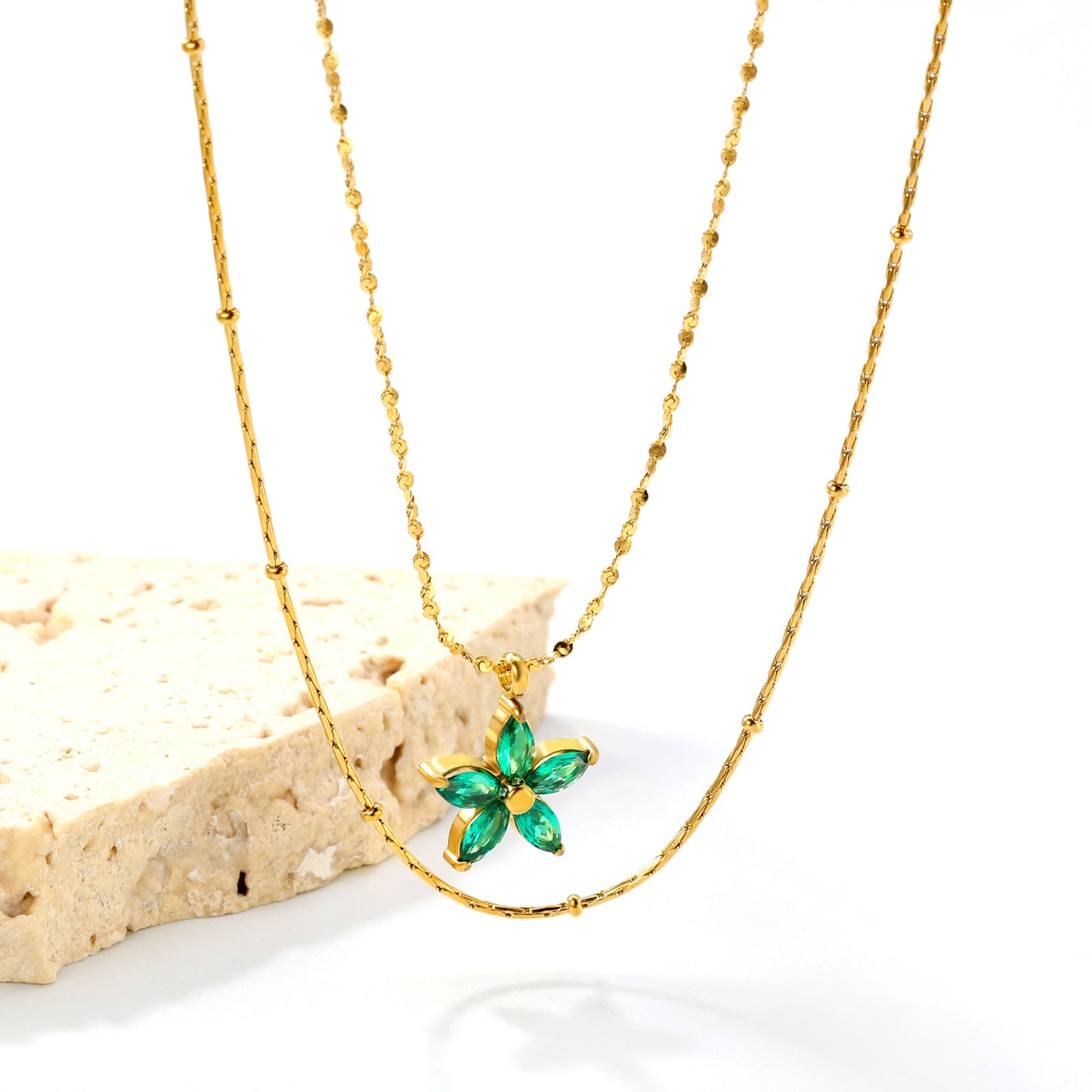 45+40+5cm Waterproof 18k Gold Plated Stainless Steel 12*12mm Zircon Flower Pendant Necklace Jewelry