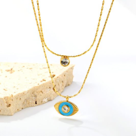 Stainless Steel Double-Layer Chain with Eye Pendant 18k gold plated