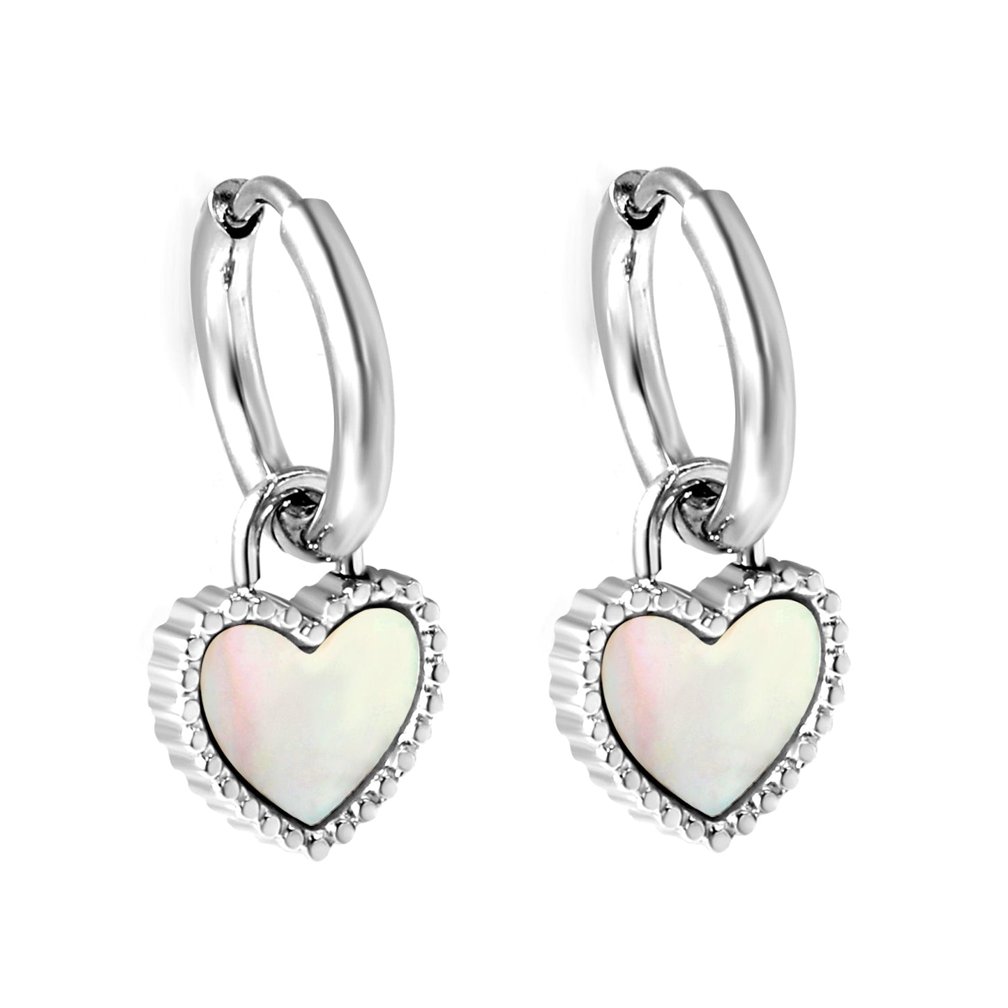 2*14.2mm Circle with Beaded Edge Heart with White Shell Earrings 10.7*10mm