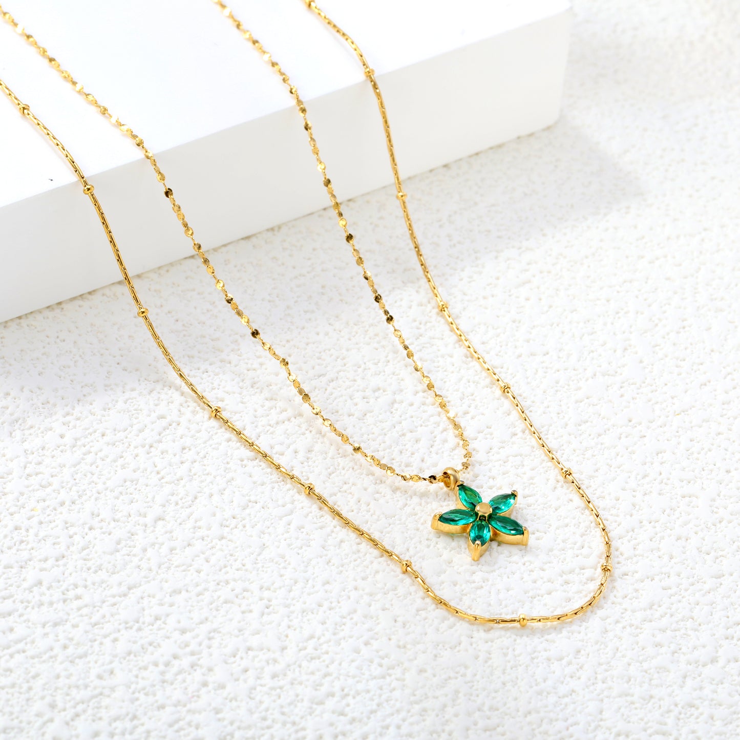 45+40+5cm Waterproof 18k Gold Plated Stainless Steel 12*12mm Zircon Flower Pendant Necklace Jewelry