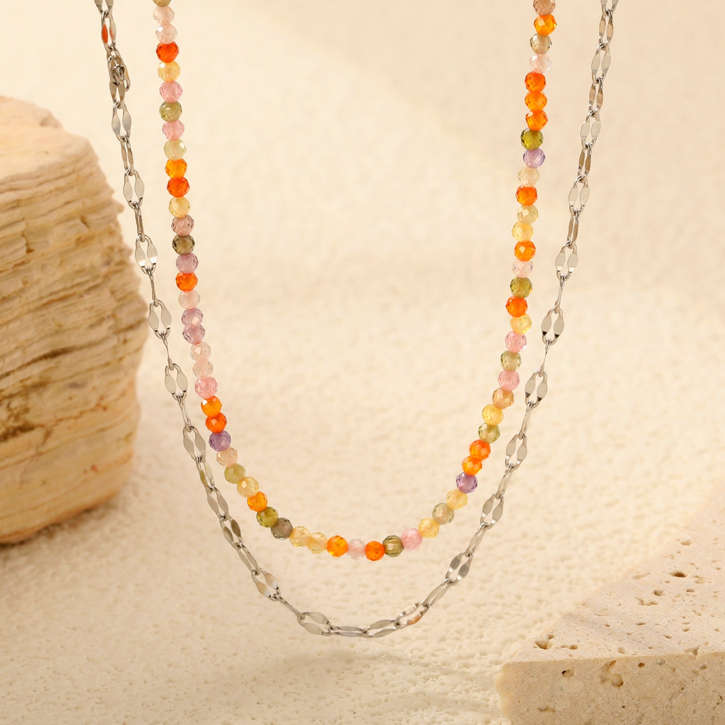 Bohemian Summer Beach Style Stainless Steel Double - Layer Chain with Beaded Necklace