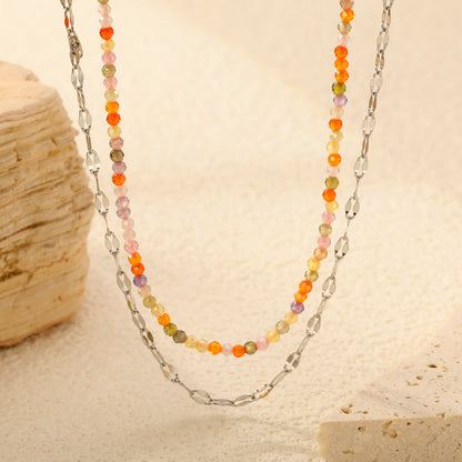 Bohemian Summer Beach Style Stainless Steel Double - Layer Chain with Beaded Necklace