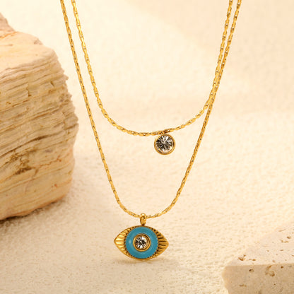 Stainless Steel Double-Layer Chain with Eye Pendant 18k gold plated