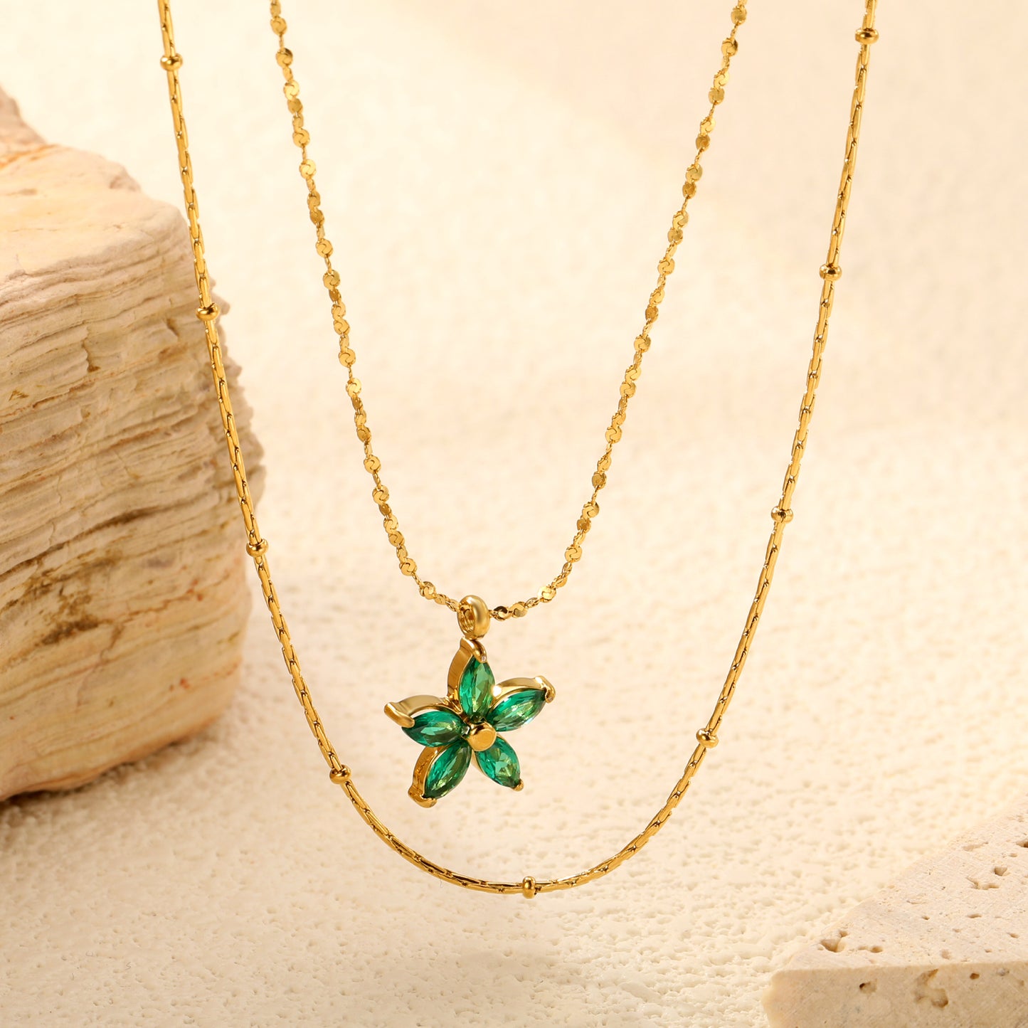 45+40+5cm Waterproof 18k Gold Plated Stainless Steel 12*12mm Zircon Flower Pendant Necklace Jewelry