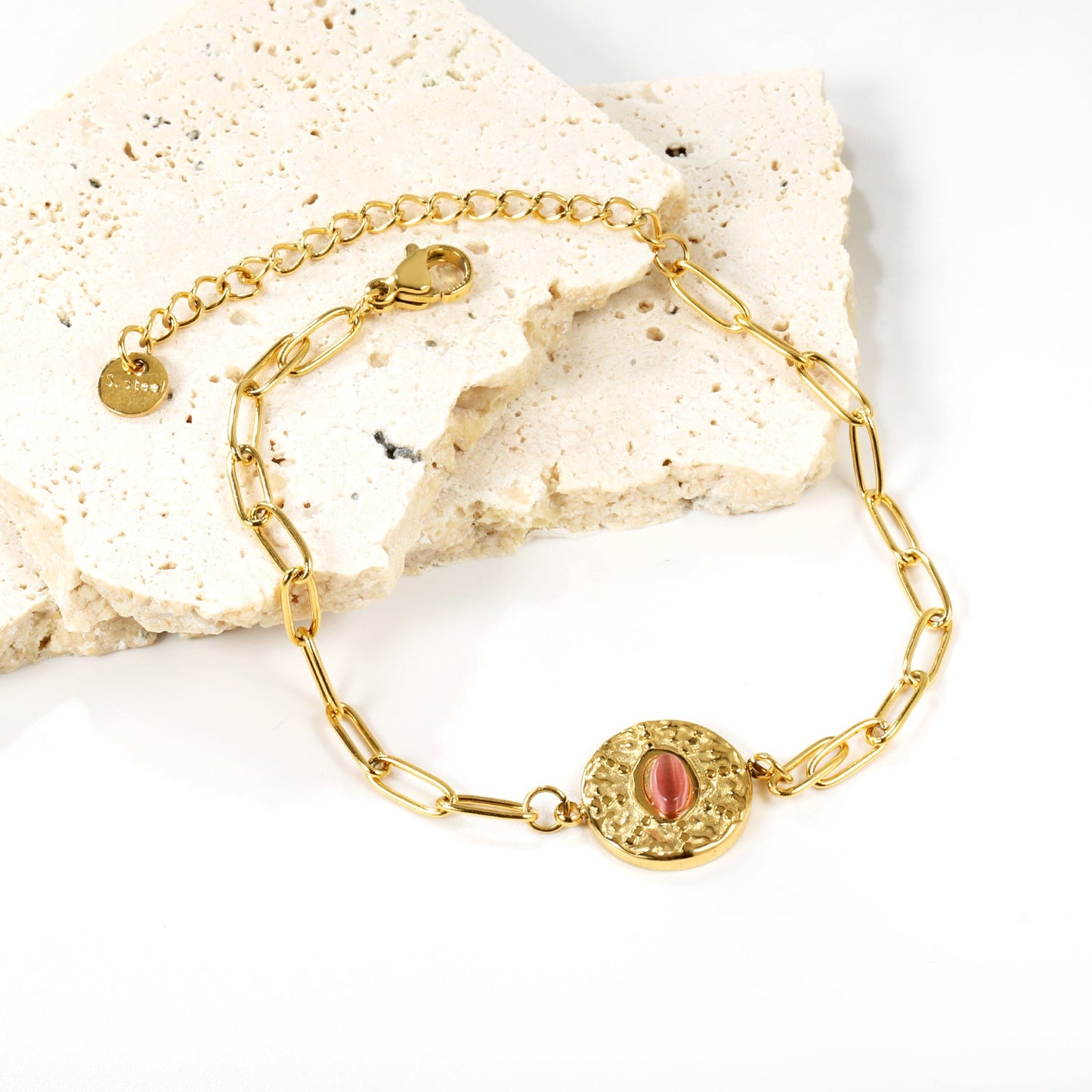 3.3mm Matching Chain + 14.2mm Round Cake with Pink Cat's Eye Stones Bracelet 17+5cm