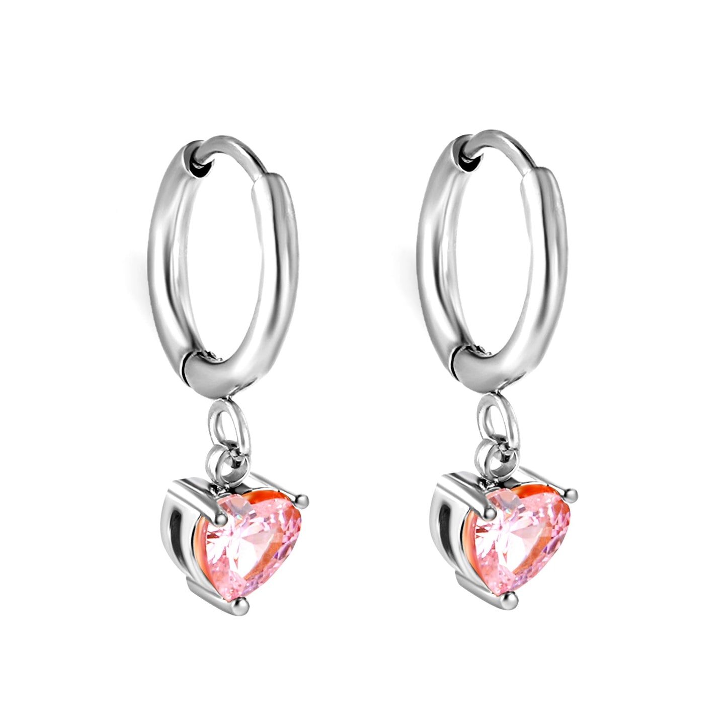 2x14mm Circle with Heart Diamond Pink Stud Earrings 6.4*7.2mm