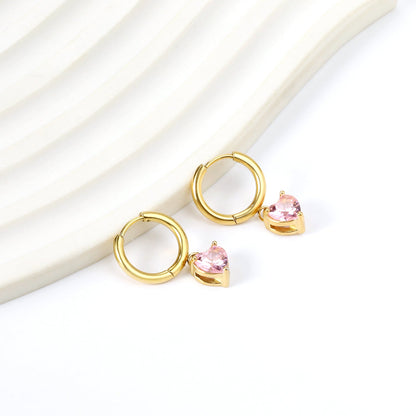 2x14mm Circle with Heart Diamond Pink Stud Earrings 6.4*7.2mm
