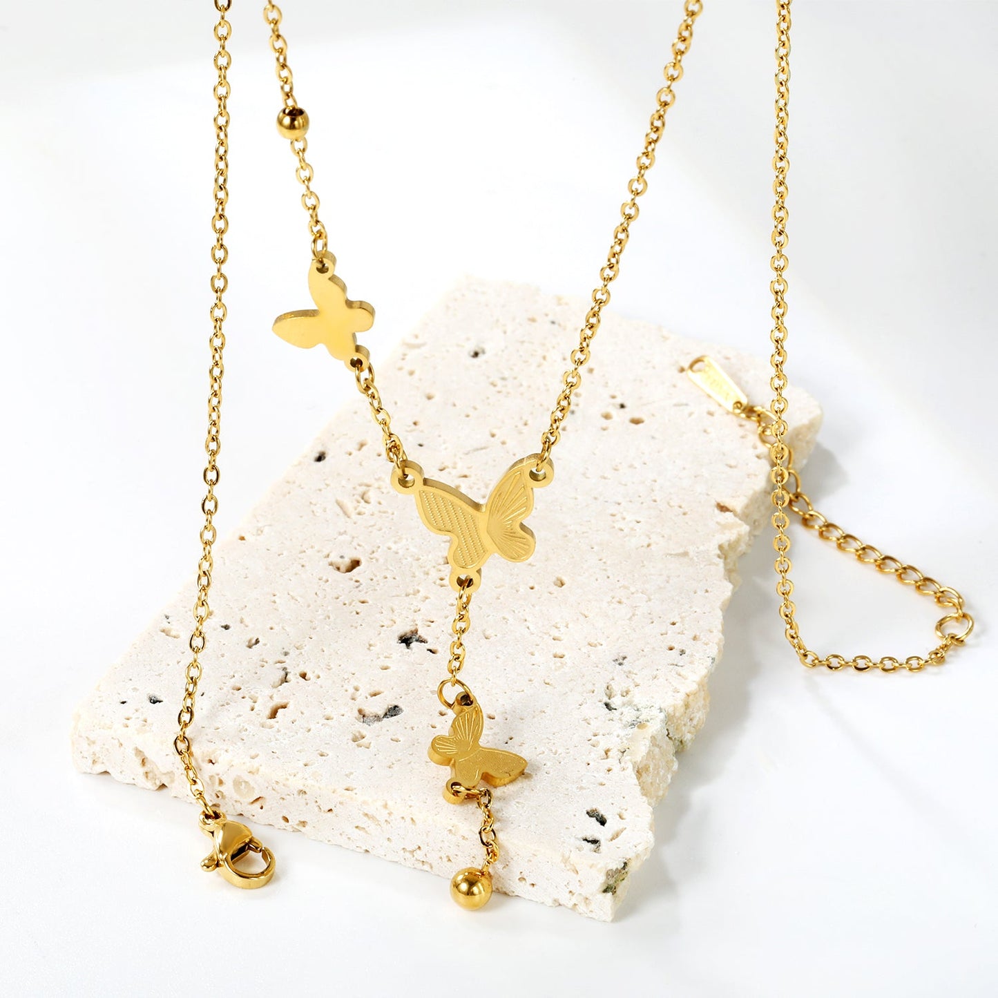 3 size textured butterflies + 2 size steel beads accessories necklace 42+5cm