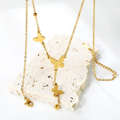 3 size textured butterflies + 2 size steel beads accessories necklace 42+5cm