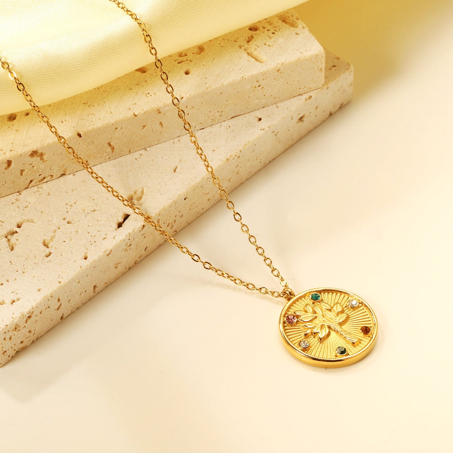 Round Mixed Color Diamonds + Big Tree Pendant Necklace 40+6cm