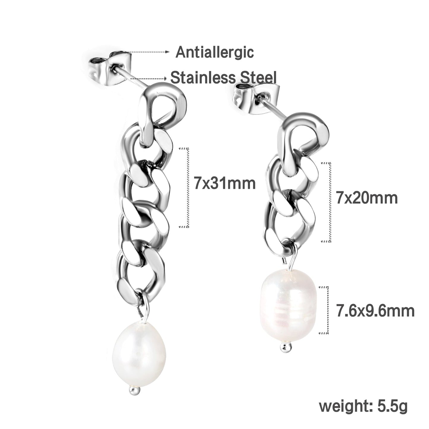 Spring 2024 One Long One Short Matching Chain with White Pearls 7.6*9.6mm Stud Earrings