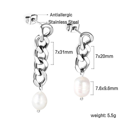 Spring 2024 One Long One Short Matching Chain with White Pearls 7.6*9.6mm Stud Earrings