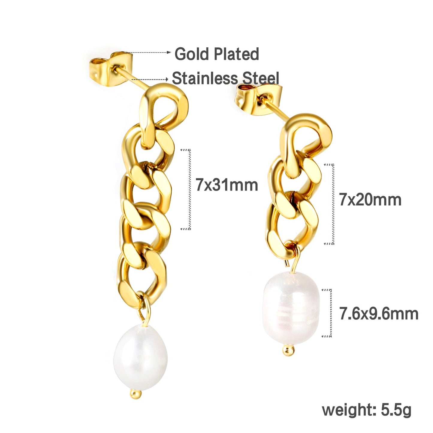 Spring 2024 One Long One Short Matching Chain with White Pearls 7.6*9.6mm Stud Earrings