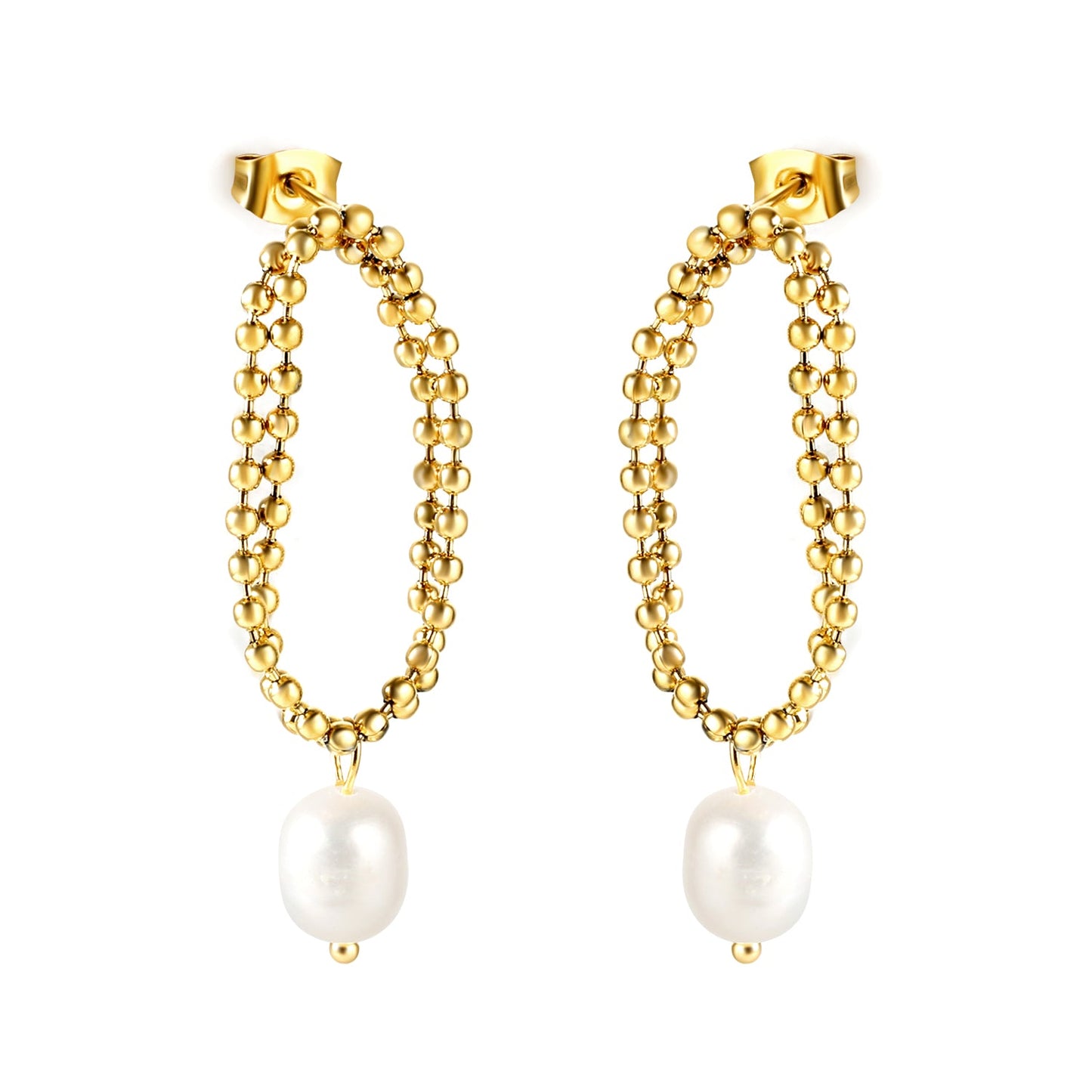 Spring 2024 Double Layers Bead Chain with White Pearls 7.5*9mm Earrings