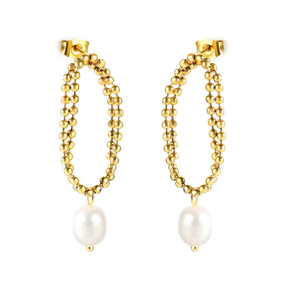 Spring 2024 Double Layers Bead Chain with White Pearls 7.5*9mm Earrings