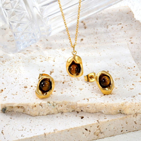 ✨ 8.3x11.6mm+40+5cm 18K Gold Plated Amber gemstone Jewelry Set Wholesale (MOQ 12+) | Stainless Steel Necklace & Earrings 🌍 | Hypoallergenic Luxury Gift Set