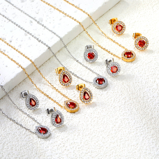 ✨💎 44+5cm 18K Gold Plated Red Zircon Jewelry Set Wholesale (MOQ 12+) | Stainless Steel Necklace & Earrings 🌍 | Hypoallergenic Luxury Gift Set