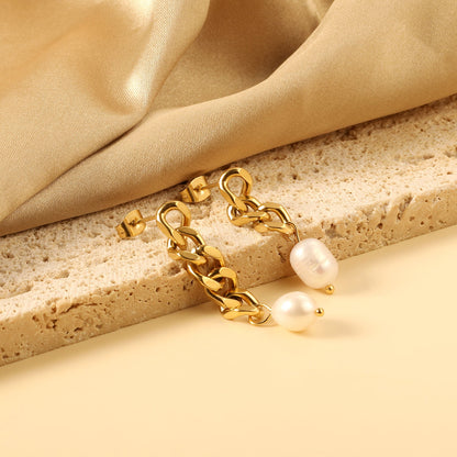 Spring 2024 One Long One Short Matching Chain with White Pearls 7.6*9.6mm Stud Earrings