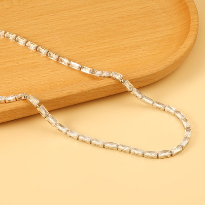 Rectangle White & Purple & Aquamarine & Mixed Color Diamond Clasp Necklace 35+5cm Steel Color
