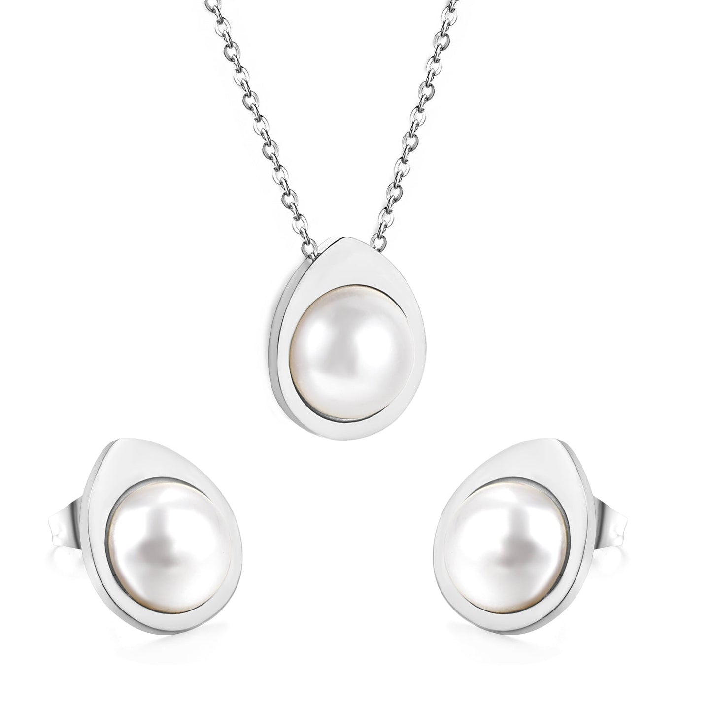 Teardrop shaped jewelry set with half white pearl steel color / gold